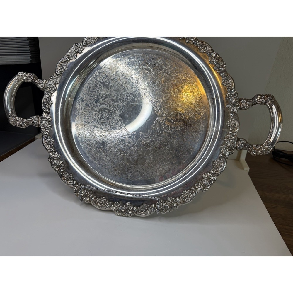 Vintage XL Silver Plate Serving Platter Tray Rose Designs Engraved 15x20 Big - Picture 2 of 7